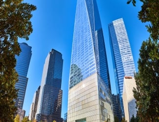 New York City America 9 11 Ground Zero memorial fountain and One World Observatory surrounded