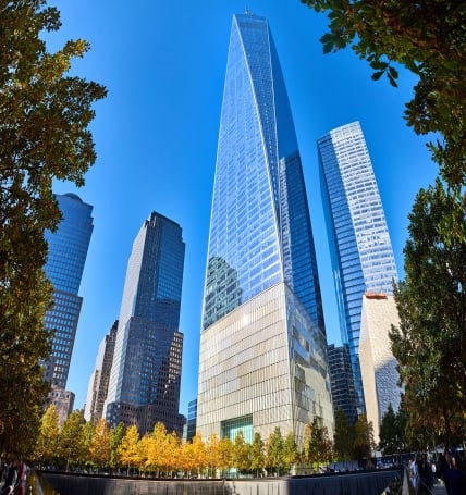 New York City America 9 11 Ground Zero memorial fountain and One World Observatory surrounded