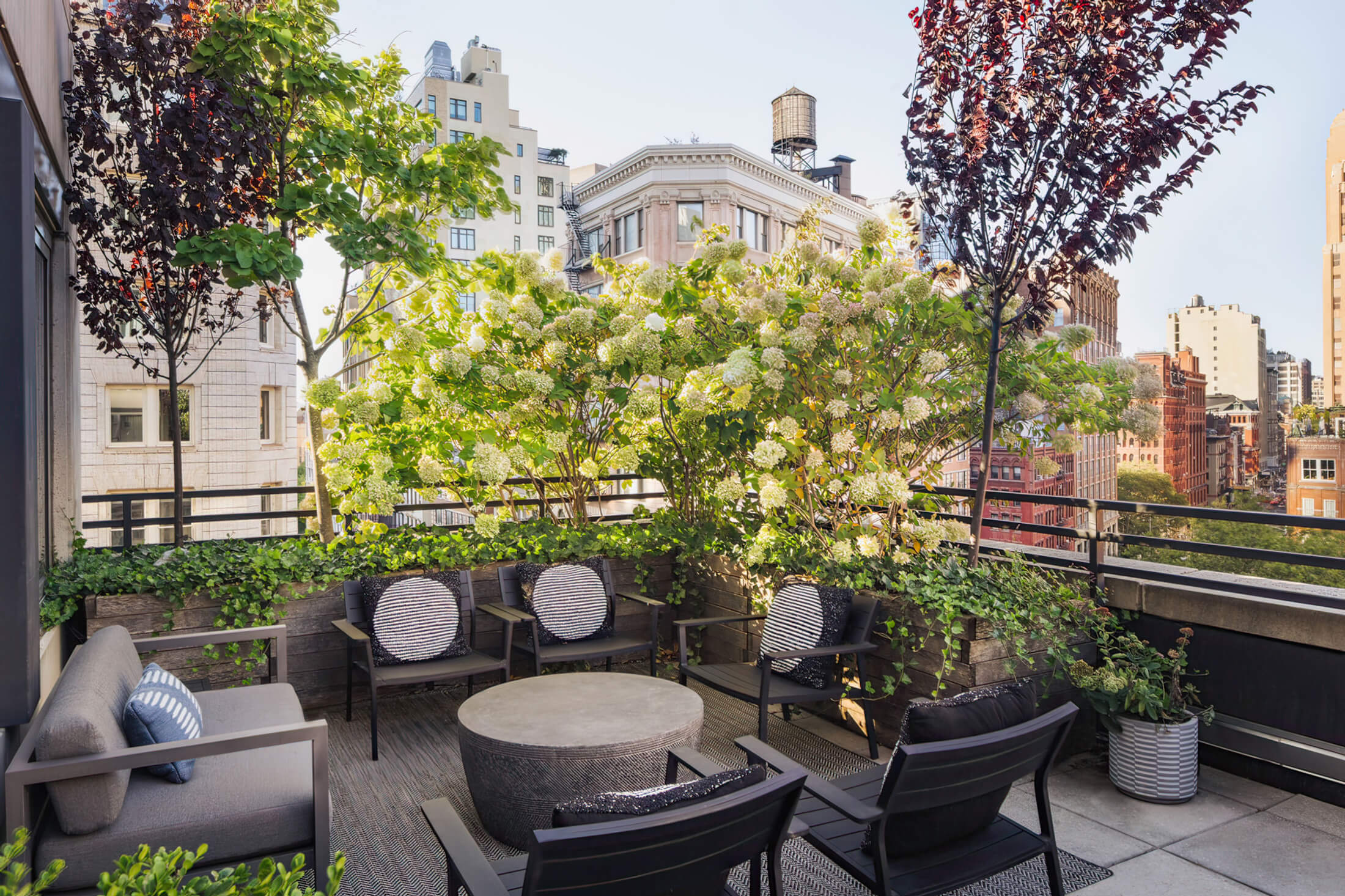 Smyth's Tribeca Hotel penthouse deck during the day; Penthouse hotel deck in Tribeca New York.