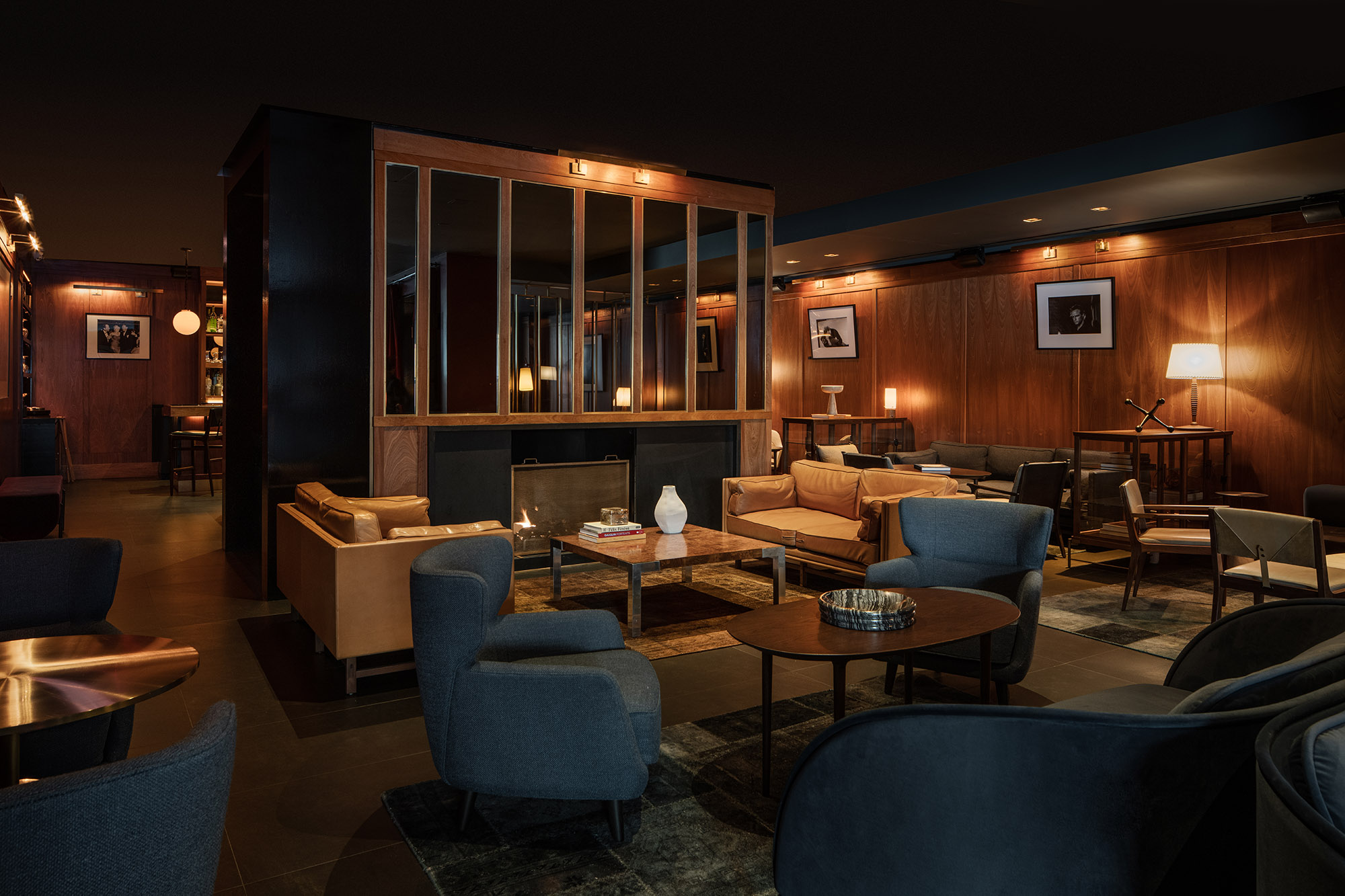 Smyth's Galerie Bar lounge with blue chairs
