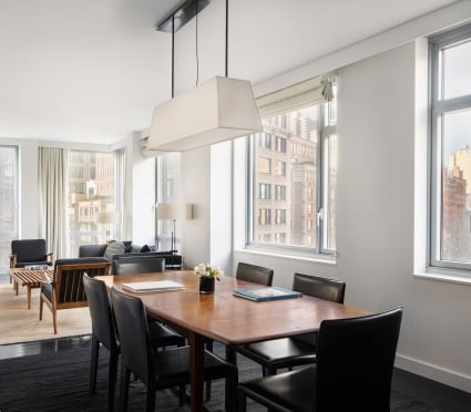 Hotel in Tribeca; dining room table NY hotel suite; Smyth Tribeca dining table in hotel suite