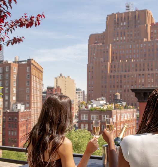 Two women looking at NYC view from private hotel penthouse