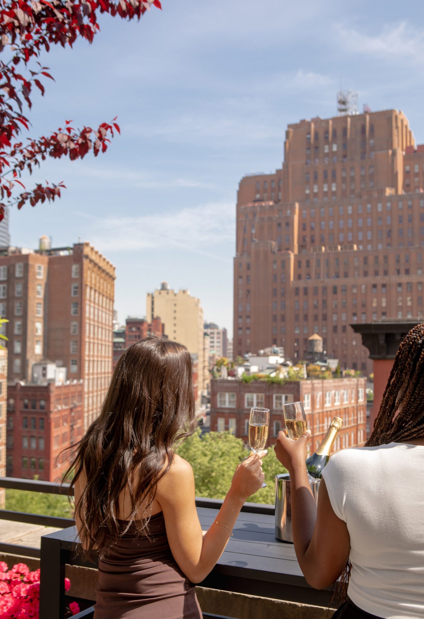 Two women looking at NYC view from private hotel penthouse