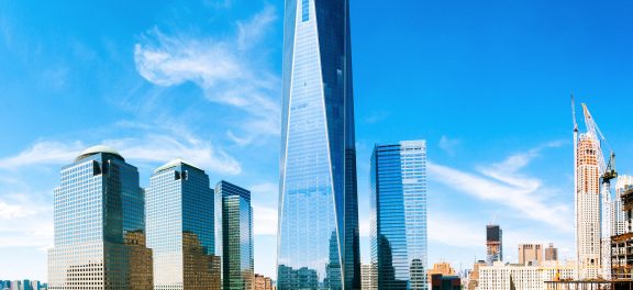 Aerial view of The World Trade Center and the 911 memorial park in New York City, US; Smyth Hotel