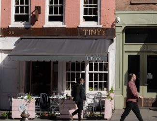 Street view of Tiny's bar in Tribeca, NY;