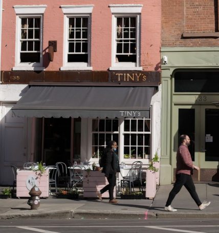 Street view of Tiny's bar in Tribeca, NY;