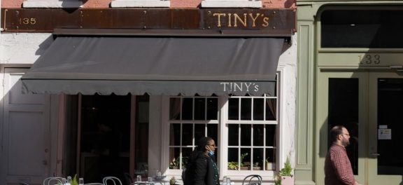 Street view of Tiny's bar in Tribeca, NY;
