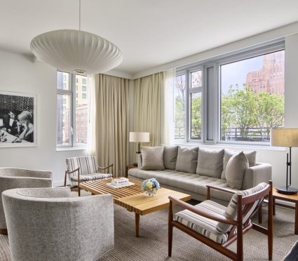 Smyth's Tribeca Hotel penthouse living room during the day; Penthouse hotel room in Tribeca New York.